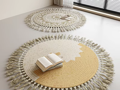 Woven Natural Fiber Round Rugs With Tassels Open Book Placed On Light Colored Floor 3d model