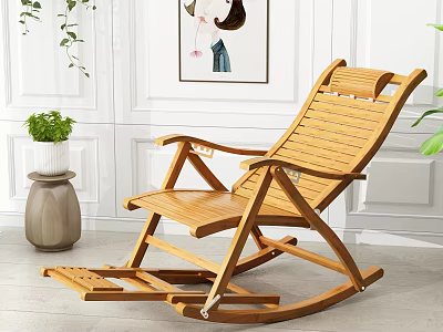Comfortable Wooden Rocking Chair for Indoor Leisure with Green Plant and Wall Art 3d model