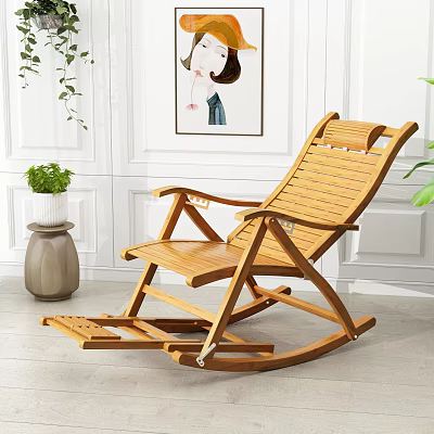 Comfortable Wooden Rocking Chair for Indoor Leisure with Green Plant and Wall Art 3d model