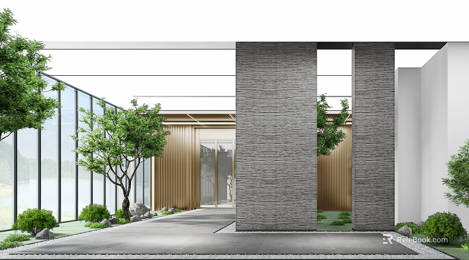 Modern Architecture Exterior With Glass Curtain Wall Stone Panels And Green Plants 3d model 