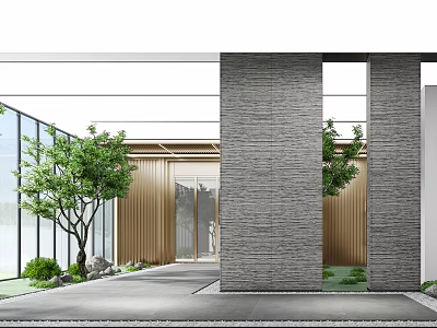 Modern Architecture Exterior With Glass Curtain Wall Stone Panels And Green Plants 3d model