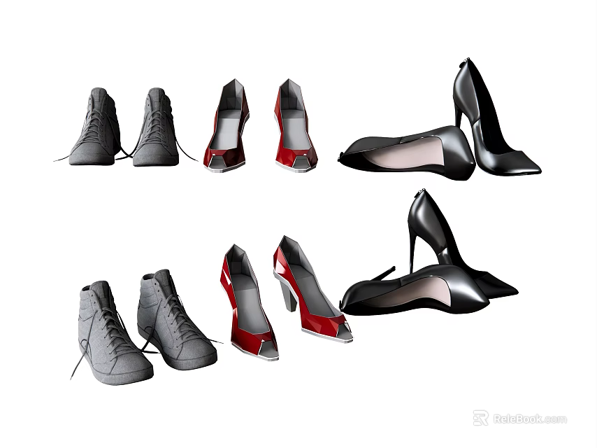 Various Style Shoes Including Sneakers And High Heels In Gray Red Black Colors 3d model 