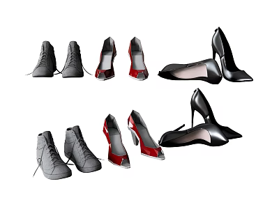 Various Style Shoes Including Sneakers And High Heels In Gray Red Black Colors 3d model