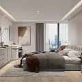 Modern Bedroom Interior Design With Large Bed Brown Chair And Floor to Ceiling Windows