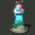 Red And White Small Airplane With Circular Window Blue Light And Green Plants On Ground
