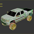 White Large Pickup Truck with Double Cab and Yellow Wheels Design