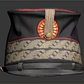Vintage Black Military Hat With Red Trim Gold Embroidery And Leather Strap Design