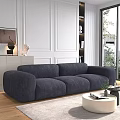 Modern Navy Blue Three Seater Sofa Plush Fabric Living Room With Large Window Greenery View