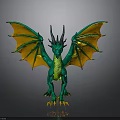Green Dragon 3D Model with Orange Wings Horns and Yellow Claws on Gray Background