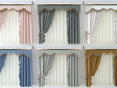 Multi Colored Double Layer Window Curtains With Decorative Valance And Tiebacks 3d model