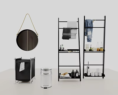 Bathroom Shelving Unit With Hanging Towels Toiletries Mirror And Storage Containers 3d model