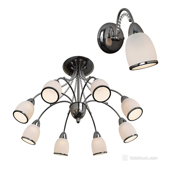 Modern Lighting Combination With Multi Bulb Chandelier And Glass Shade Wall Lamp 3d model 