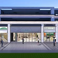 Modern Commercial Street With Multi Story Building Storefronts And Pedestrians Walking