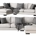 Beige Sectional Sofa With Multiple Gray Black And Patterned Cushions And Throw Blanket 3d model