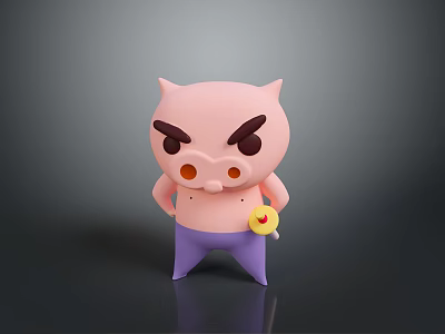 Pink Pig Doll With Angry Expression Purple Pants Holding Yellow Lollipop 3d model