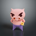Pink Pig Doll With Angry Expression Purple Pants Holding Yellow Lollipop