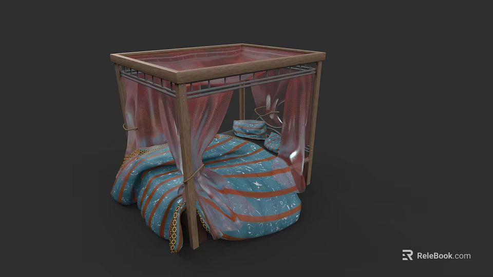 Double Bed With Wooden Canopy Frame And Blue Patterned Bedspread With Pink Curtains 3d model 