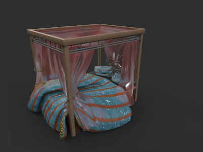Double Bed With Wooden Canopy Frame And Blue Patterned Bedspread With Pink Curtains 3d model