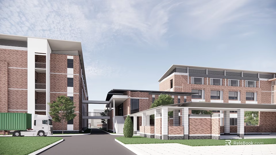 Industrial Factory Complex With Red Brick Multi Story Buildings Connecting Walkway And Landscaping 3d model 