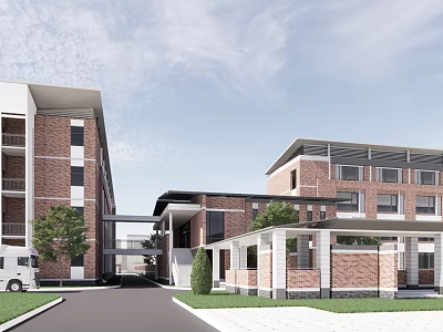 Industrial Factory Complex With Red Brick Multi Story Buildings Connecting Walkway And Landscaping 3d model