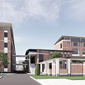 Industrial Factory Complex With Red Brick Multi Story Buildings Connecting Walkway And Landscaping