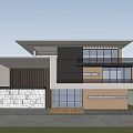 Modern Detached Villa Exterior With Large Glass Windows Flat Roof Terrace And Trees