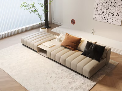 Beige Fabric Double Sofa With Brown Black Pillows On Light Rug And Wall Art 3d model