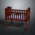 Wooden Rocking Baby Crib With Dark Brown Finish Carved Details And Light Mattress