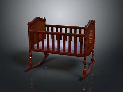 Wooden Rocking Baby Crib With Dark Brown Finish Carved Details And Light Mattress 3d model