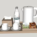 Modern Tea Set with White Cups Electric Kettle Mineral Water and Tea Packets on Tray