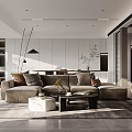 Modern Living And Dining Room Interior With Sofa Dining Table And Soft Lighting 3d model