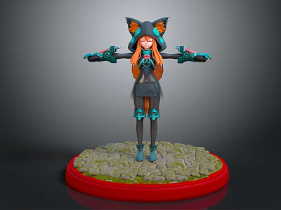Game Movie Character With Fox Ears Red Hair And Dark Outfit On Red Stone Base 3d model