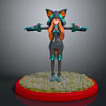 Game Movie Character With Fox Ears Red Hair And Dark Outfit On Red Stone Base