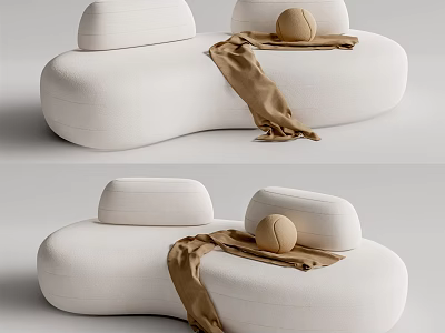 White Sectional Sofa with Beige Cushions Brown Throw Blanket Decorative Ball and Modern Design 3d model
