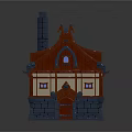 Cartoon Style House With Blue Roof Red Decorations Chimney And Stone Base