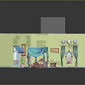 Cartoon Room Scene With Light Green Walls Blue Canopy Bed Window And Decorative Elements