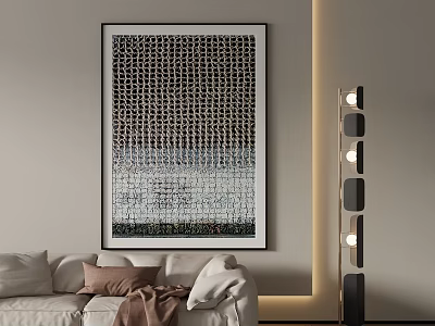 Modern Abstract Painting Hanging On Wall In Living Room With Sofa And Floor Lamp 3d model
