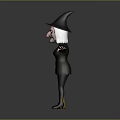 Man In Witch Costume With Black Hat Open Arms And Yellow Broom