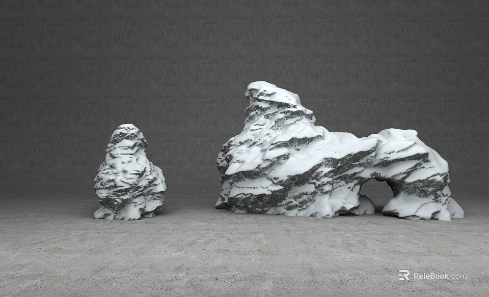 Natural Stone And Wood Sculptures With Snowy Textures On Gray Surface 3d model 