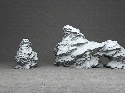 Natural Stone And Wood Sculptures With Snowy Textures On Gray Surface 3d model