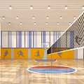 Spacious Indoor Basketball Gymnasium With Wooden Flooring Colorful Lines And Ceiling Lights