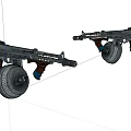 Two Vintage Black Machine Guns with Wooden Stocks Metal Structures and Wheels