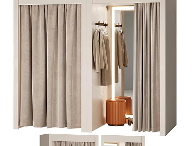 Neutral Toned Clothing Store Interior With Hanging Clothes Mirror And Wooden Stools 3d model