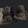 Artistic Natural Stone And Wood Sculptures With Mossy Textured Surfaces And Detailed Design