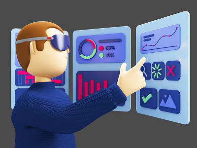 Person Wearing VR Glasses Interacting With Multiple Display Panels Showing Charts And Icons 3d model