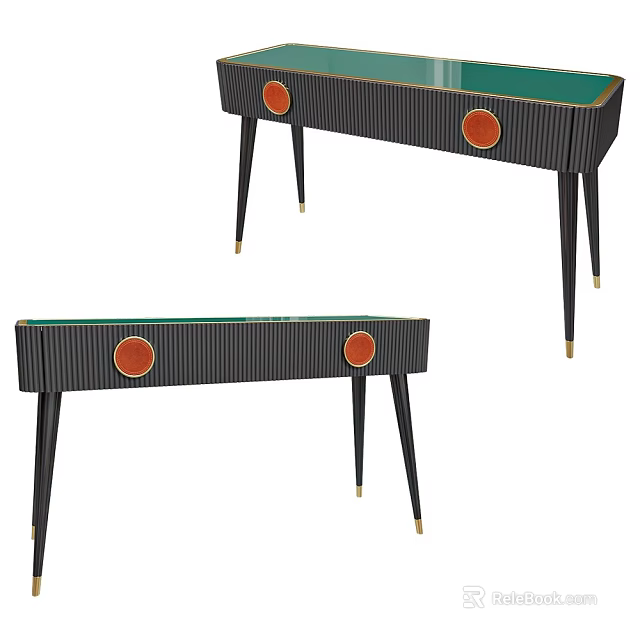 Modern Console Table With Green Top Red Circular Accents And Black Legs Gold Feet 3d model 