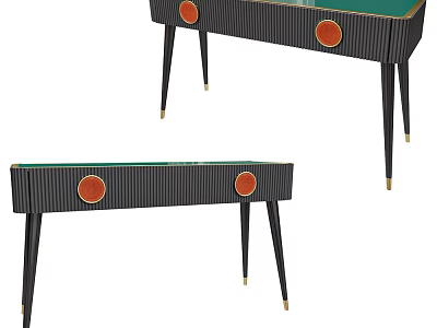 Modern Console Table With Green Top Red Circular Accents And Black Legs Gold Feet 3d model