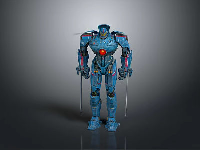 Blue Armored Mecha Robot Warrior Design With Two Swords And Red Chest Core 3d model