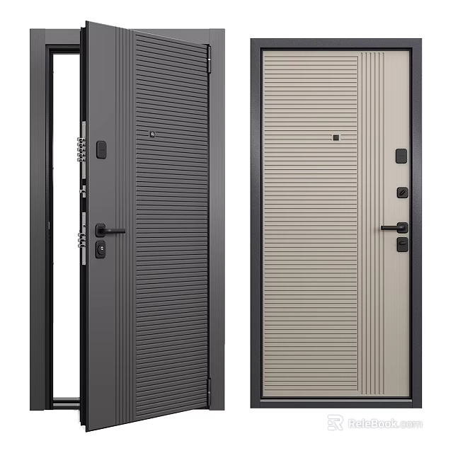 Dark Gray And Light Beige Hinged Doors With Vertical Stripes Door Locks And Handles 3d model 