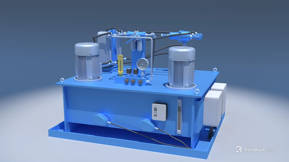 Blue Hydraulic Industrial Equipment With Dual Motors Pipes Gauges And Valves On Stable Base 3d model 